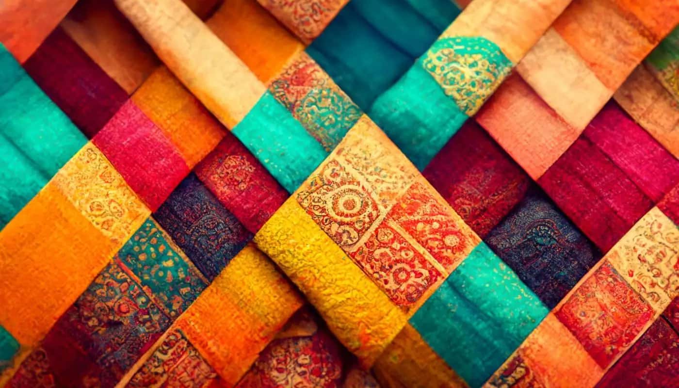 Colorful woven textile with traditional patterned strips