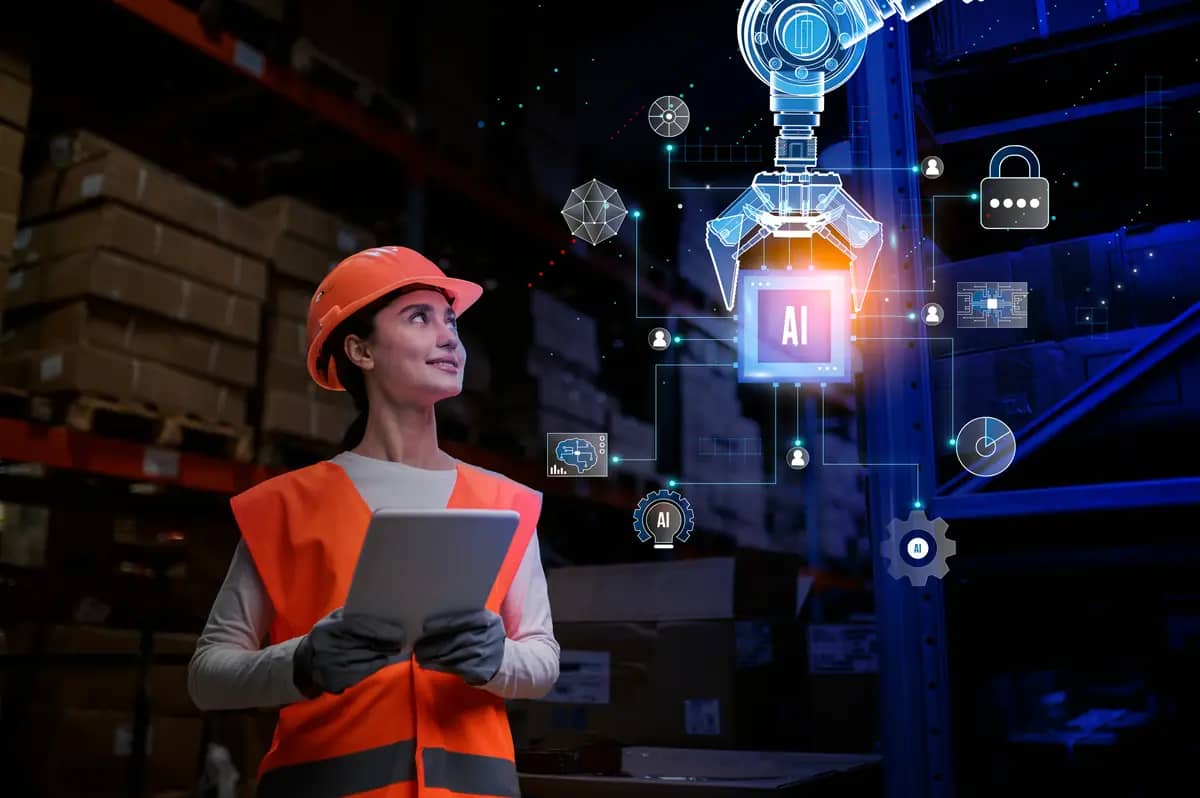 Engineer using a tablet with an industrial AI overlay