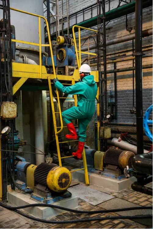 Worker in green protective gear climbing a ladder inside a plant