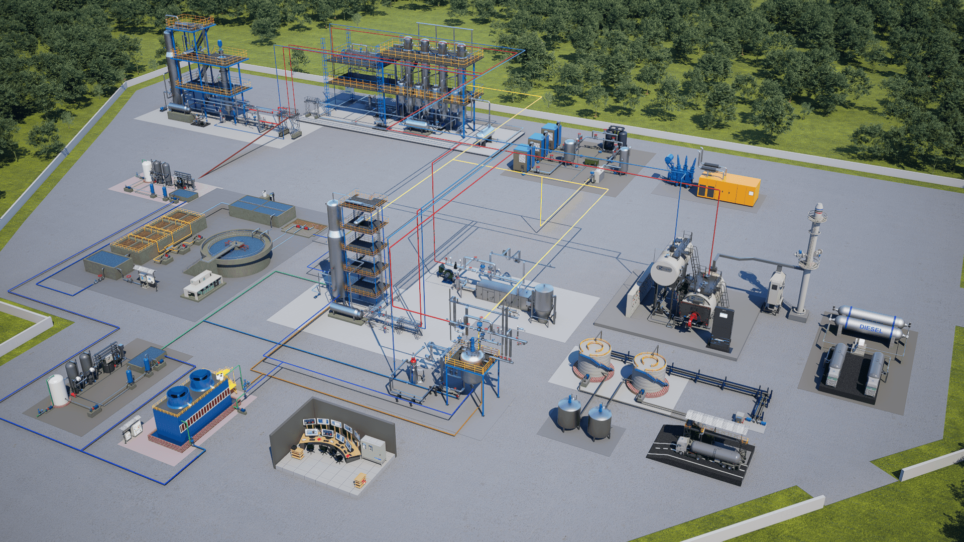 Isometric illustration of a chemical processing plant layout