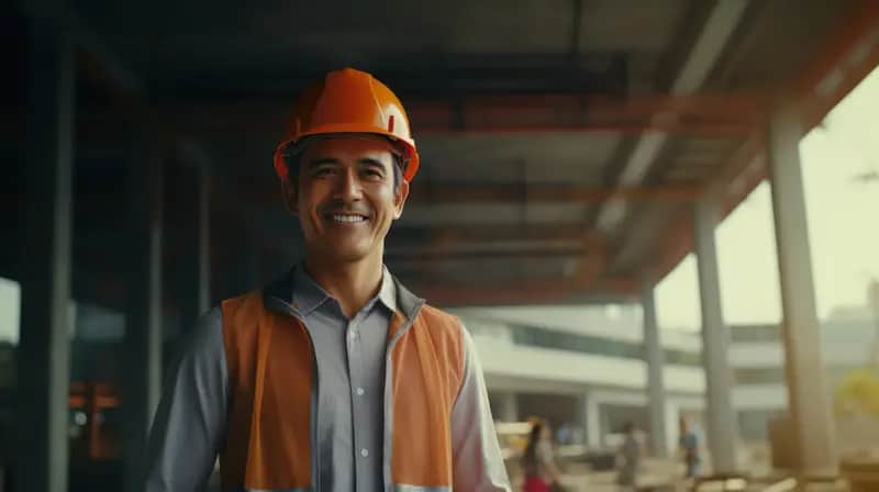 Smiling engineer in a safety uniform and hard hat