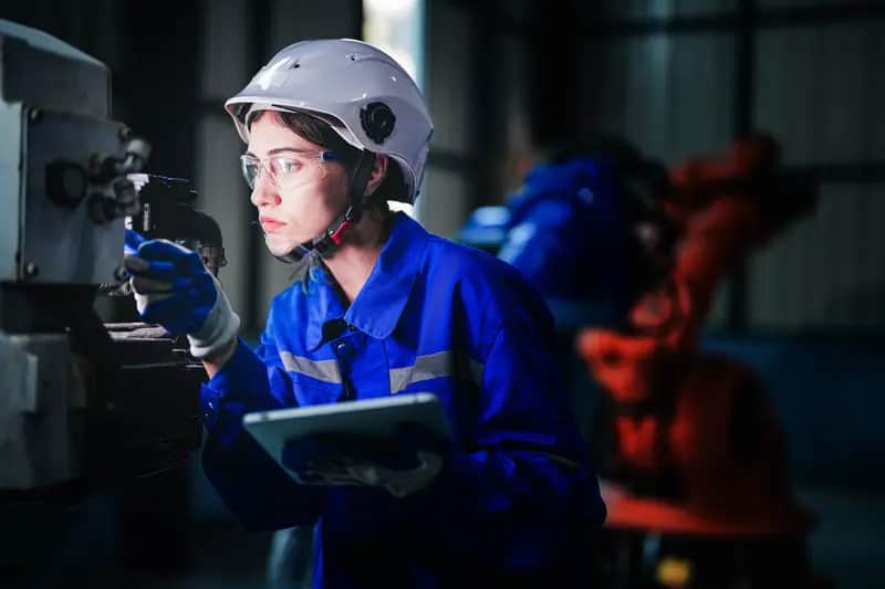 Engineer inspecting machinery with a smart tablet
