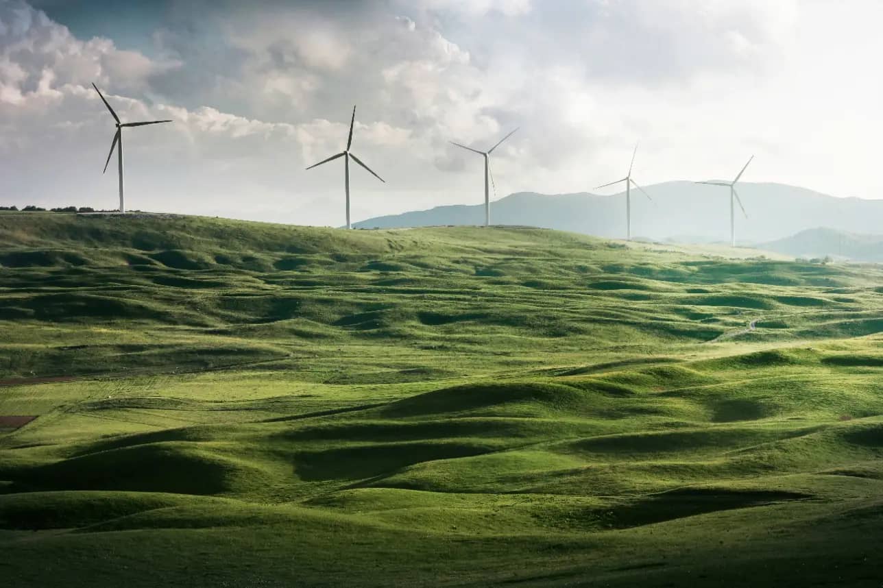 Wind turbines on green hills under a cloudy sky illustrating renewable energy