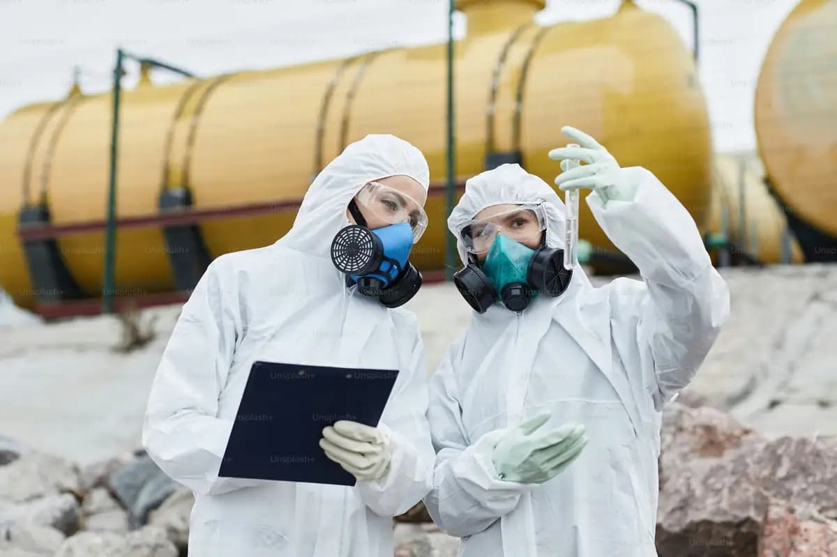 Team members in protective gear examining a sample