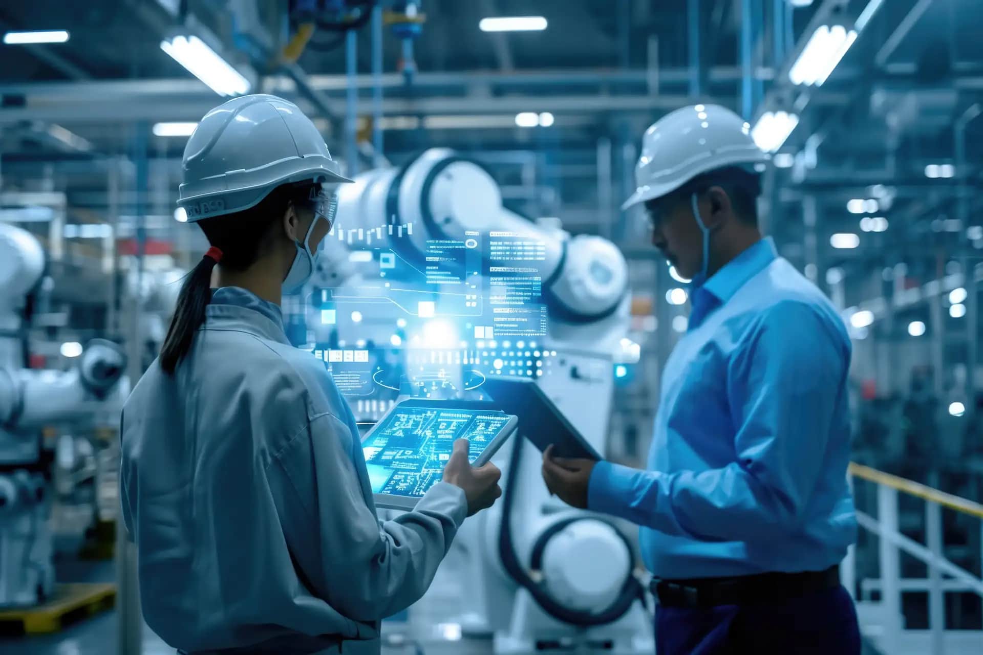 Industrial engineers reviewing equipment on a tablet in a high-tech facility