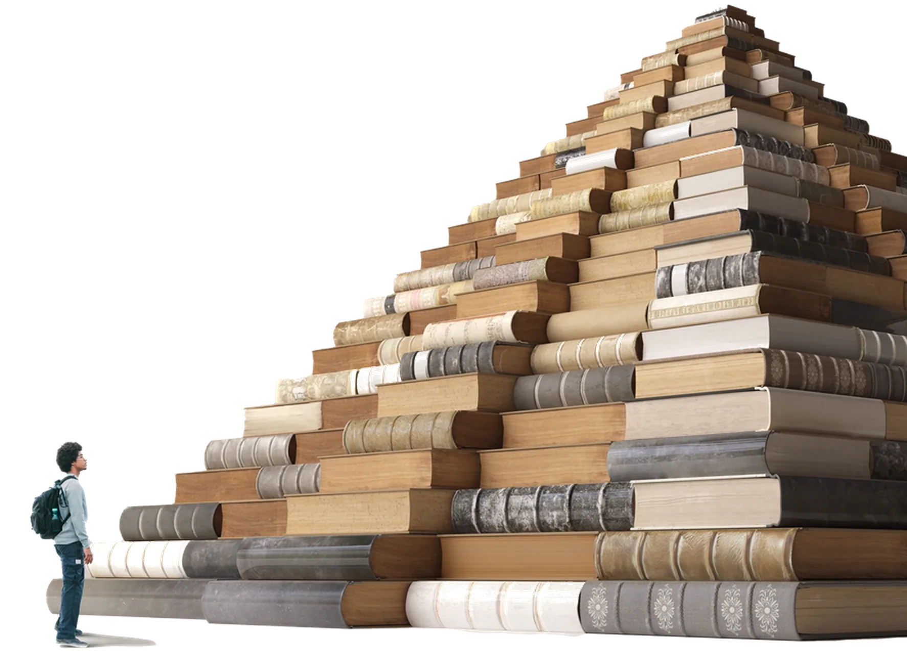 Person looking up at a towering pyramid of books