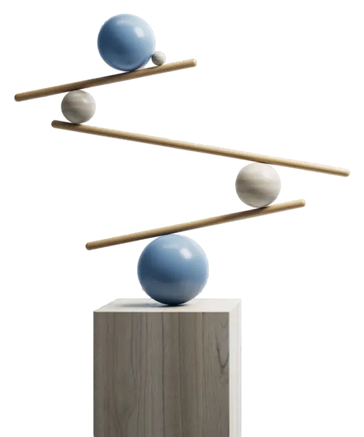 Blue and white spheres balanced on wooden planks